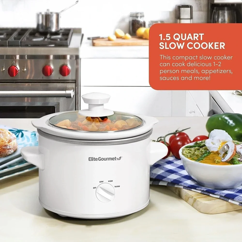 Elite Gourmet MST-250XW# Electric Slow Cooker Ceramic Pot Adjustable Temp 1.5Qua